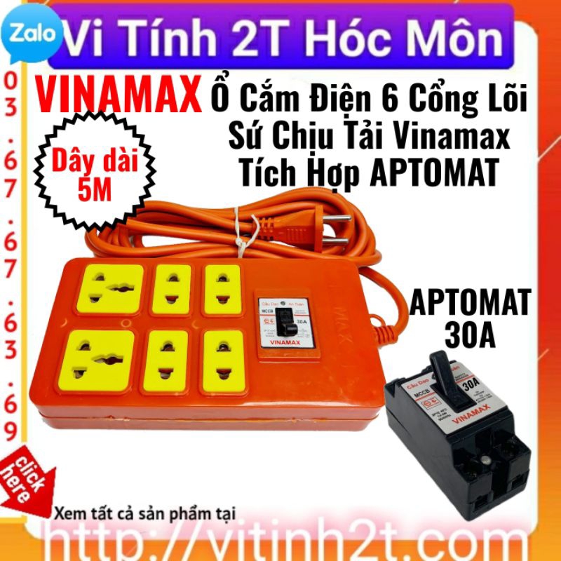 Ổ CẮM ĐIỆN 6 CỬA LÕI SỨ CÓ CB 30A NHÃN HIỆU VINAMAX Có dây dài 3m và 5m (4 LÕI SỨ &amp; 2 LÕI NHỰA)