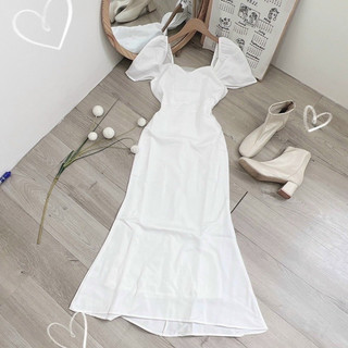 Đầm dự tiệc trắng trễ vai phi phối lưới