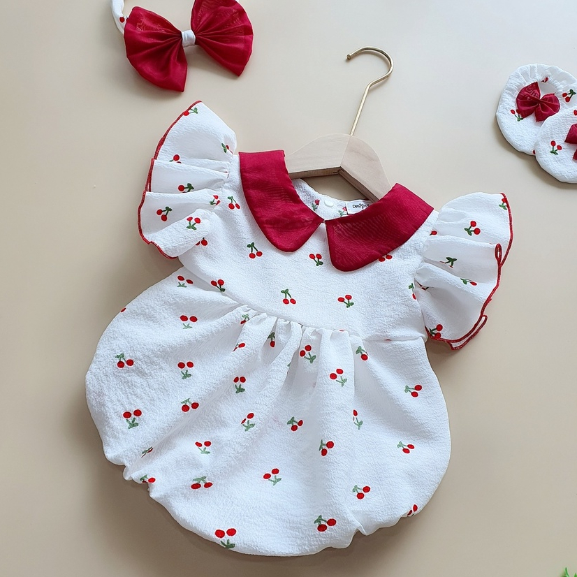 Set bodysuit cho bé gái kèm nón và giày MINTSCLOSET Mint's Closet body trắng cherry đỏ bé sơ sinh 1 2 3 tuổi - BS6108