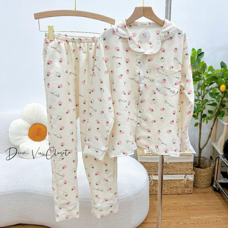 Pijama đũi xốp, bộ ngủ nữ mặc nhà tay dài