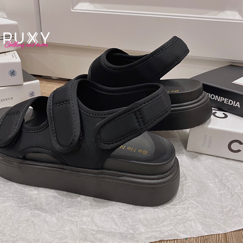 Xăng Đan Nữ 2 Quai Dán Vải Chống Thấm Nước Đế Cao Su 3cm Ruxy Đen_Nâu  G98180