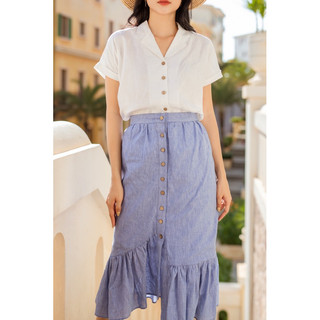 Chân váy linen cotton 2 lớp màu xanh