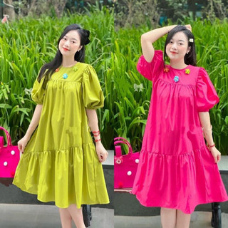 Đầm baby doll đính 3 bông len 2 màu dễ thương xinh xắn