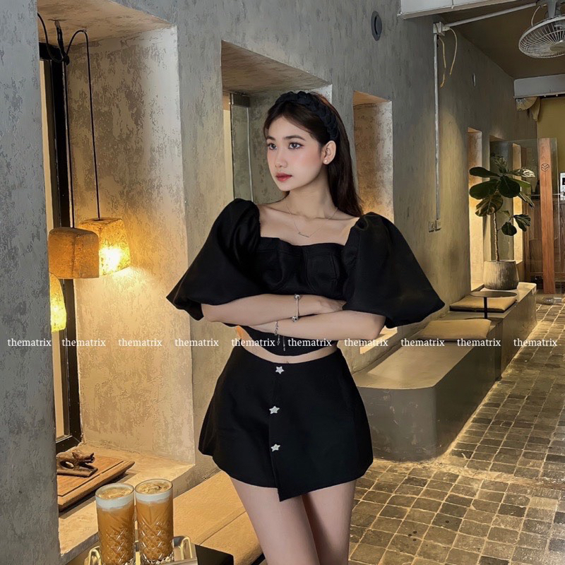 Set trễ vai tay phồng 3 cúc cv gava