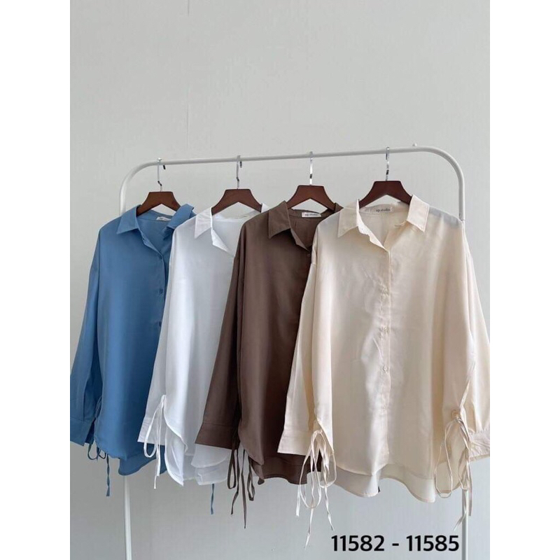 Áo sơ mi lụa cách điệu cột nơ tay cổ bẻ form oversize