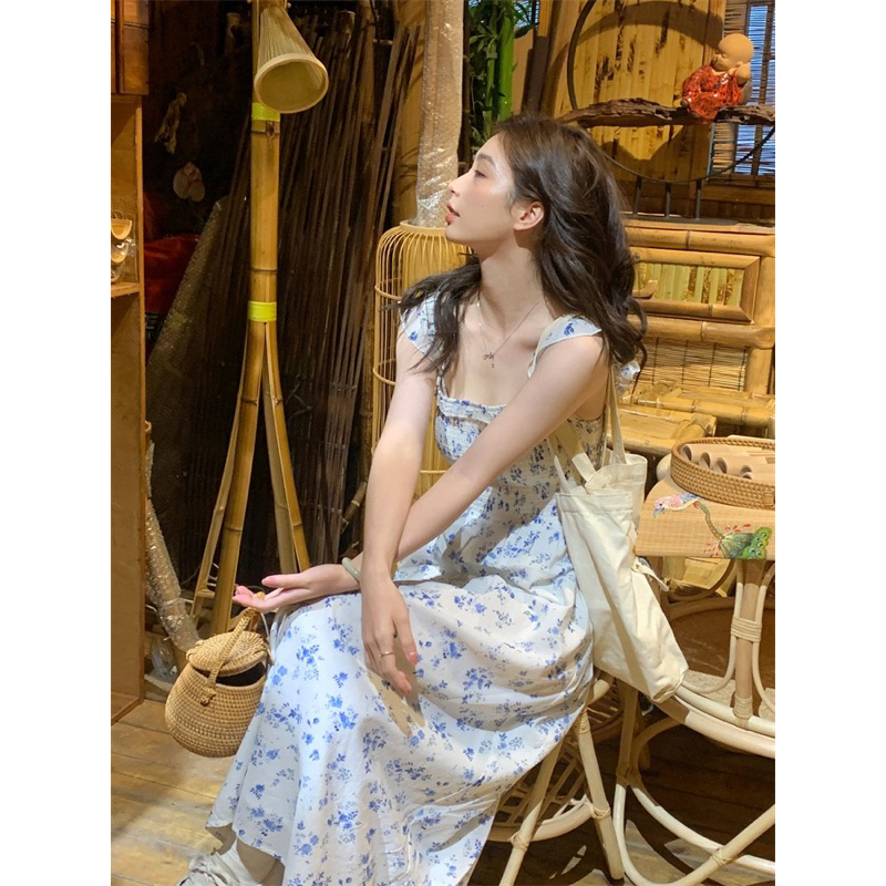 Váy Hoa Nhí 2 Dây, Đầm Nữ Dáng Dài Qua Gối Chiết Eo Nhún Ngực,Váy Thiết Kế Kiểu Hàn Quốc,Váy Đi Biển Mùa Hè