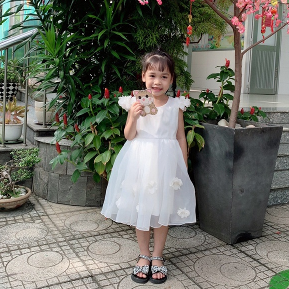 Đầm công chúa bé gái NHATANH KIDS màu trắng tay bông đính hoa quanh váy cho bé từ 0-12 tuổi NA36