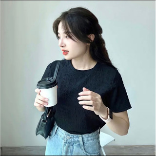 Áo thun xốp nhăn cổ tròn cộc tay basic dáng vừa