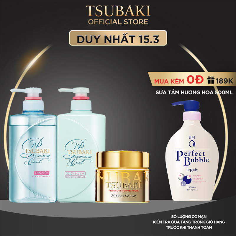 Bộ đôi gội xả Sạch Dầu Mát Lạnh Tsubaki Premium Cool Set  và Mặt nạ tóc phục hồi hư tổn Tsubaki 