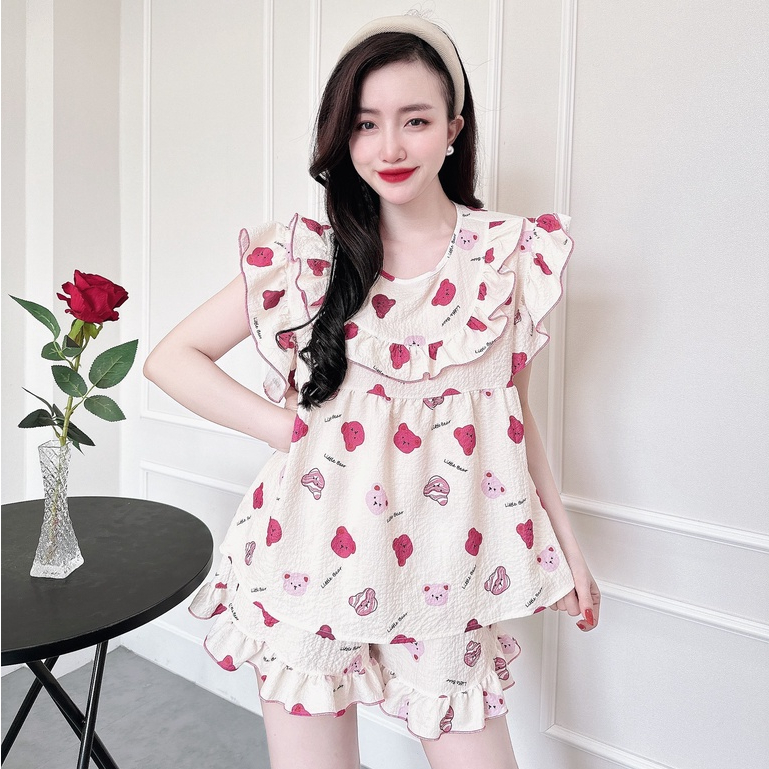 Bộ Mặc Nhà Nữ SOJUN Đồ Xốp Cổ Tròn 50-70 KG FREE SIZE