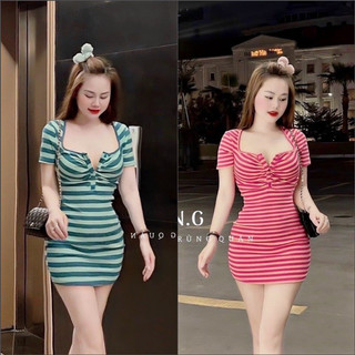 ĐẦM BODY CỔ VUÔNG GÀI CÚC DÁNG NGẮN HOẠ TIẾT SỌC