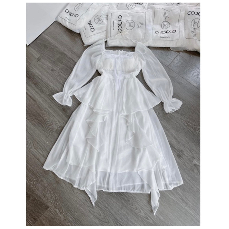 Váy Trắng Dài Tầng Viền Ngọc Tiểu Thư Đi Đám cưới , Đi chơi , Chụp Kỉ Yếu