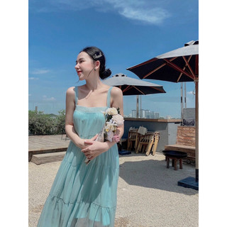gv13- Đầm maxi suông xanh, chất voan tơ lót