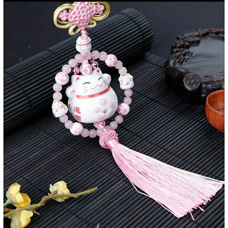 Khánh Mèo thần tài treo gương chiếu hậu xe ô tô may mắn