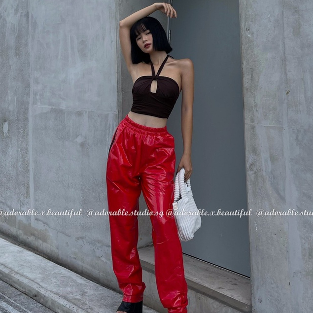 Quần Da PU Ống Rộng Nữ Màu Đỏ Tươi, Quần Dài Ống Suông Co Giãn Trendy Y2K