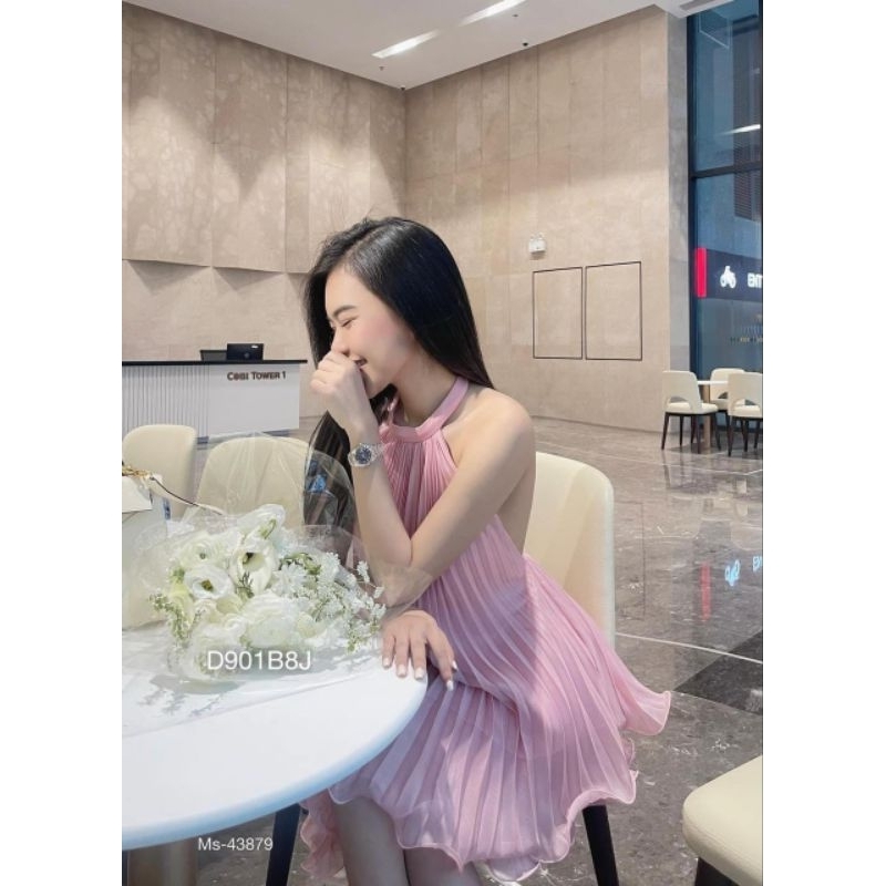 Váy yếm nữ đi biển hàng đẹp ,đầm dập ly cổ yếm hở lưng dáng xòe ngắn 2 lớp dự tiệc siêu xinh BEBEDOLL
