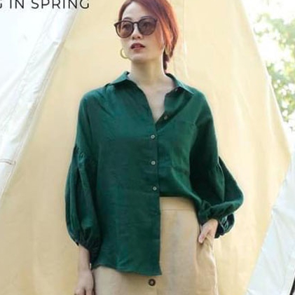 Áo sơ mi nữ Linen tưng Hàn form rộng tay bồng trẻ trung, kiểu dáng thanh lịch điệu đà, thời trang hè thu 2023