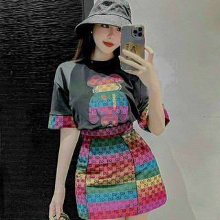Sét bộ váy thời trang nữ mặc đi chơi, sét bộ váy gg cầu vòng chất kaki kèm áo tôn dáng trẻ trung
