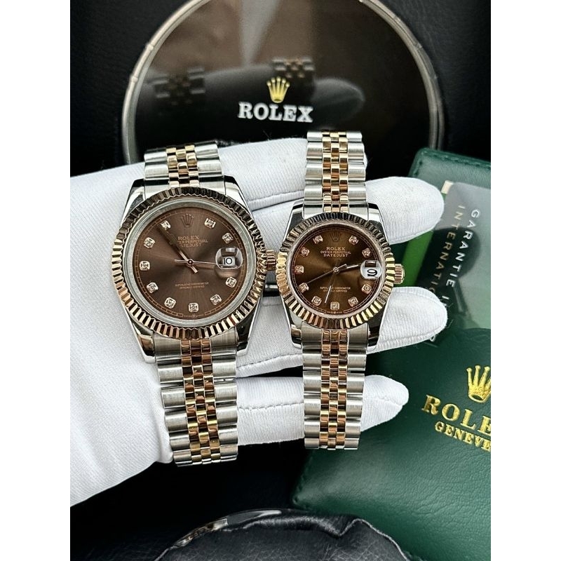 Đồng hồ nam nữ cặp đôi, đồng hồ đôi Rolex Datejust màu nâu tây socola siêu hot, máy cơ Automatic, full box, kính Saphire