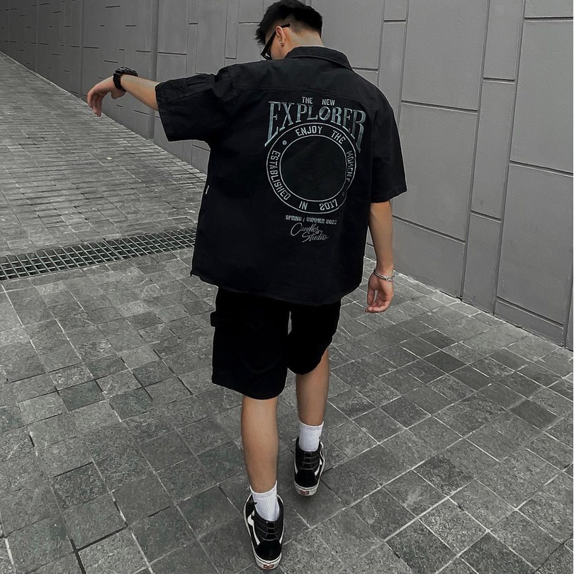 Áo sơ mi nam nữ oversized fit CANDLES TNE DOUBLE KNEE hình in sắc nét kết hợp thêu nổi Kaki 10oz chính hãng