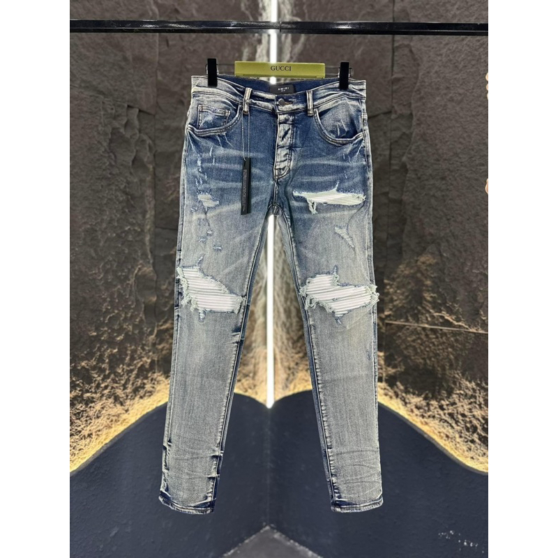 Quần jean skinny Amiri nam wash xanh khói rách xù viền đùi gối vá vải nhăn trắng ống xếp sóng likeauth JSC02P