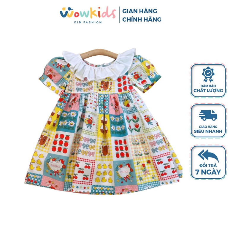 Váy Mùa Hè Tay Bồng Bé Gái WOWKIDS Chất Thô Hàn Cổ Bèo Phối Họa Tiết Nổi Bật Cho Bé Từ 8-19kg