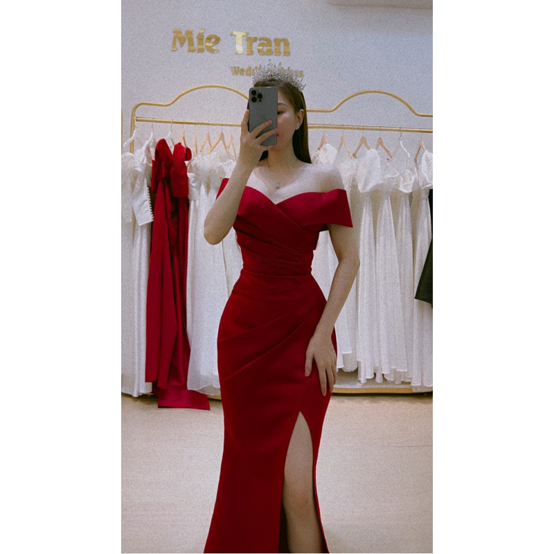 Đầm cô dâu , váy cưới đi bàn , dạ hội cúp ngực trễ vai xẻ tà