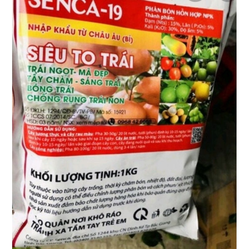 Phân bón senca 19 ( túi 1kg dưỡng quả - kích siêu to trái)