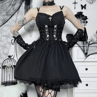 Váy hai dây dáng đầm ngắn xoè thêu hoa hồng thắt giả corset phong cách Gothic Dark FOOTMADE