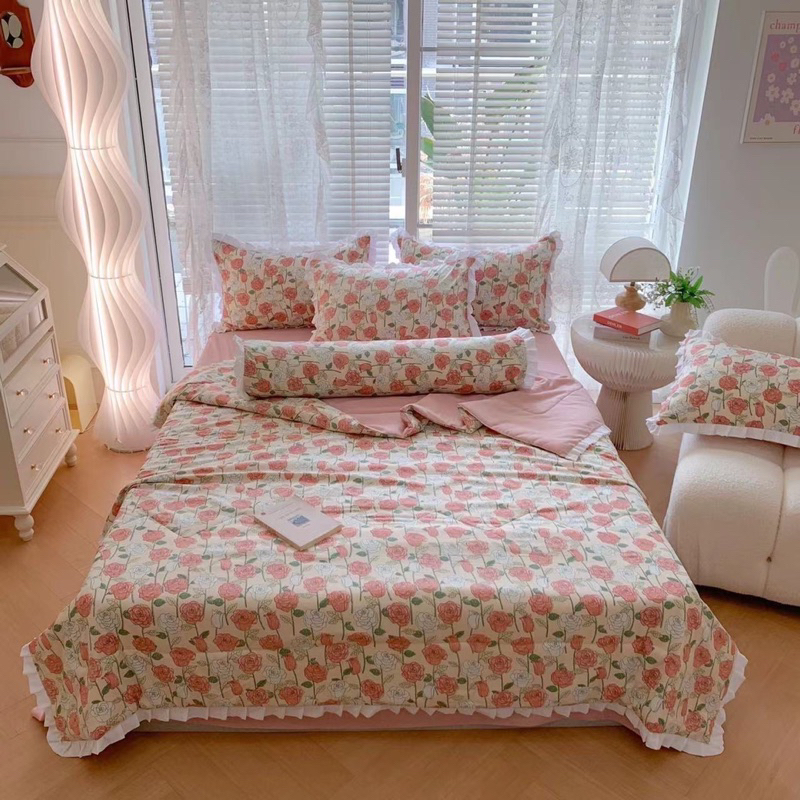Bộ Chăn Ga Gối Đũi Viền Bèo Mềm Mịn Tiểu Thư Hàng Nhập Khẩu Nguyên Set 5 Món