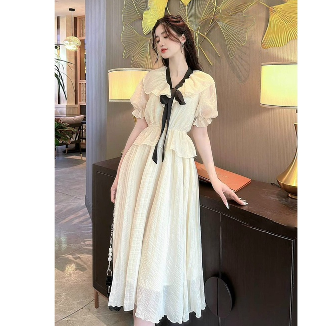 Maxi Đi Biển Dự Tiệc,Đầm Váy Xoè Tay Bồng Thiết Kế Dáng Dài Phối Cổ Bèo Nơ Tiểu Thư Dạo Phố Sang Chảnh Thời Trang MJP