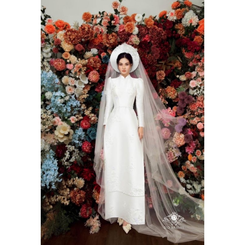 Áo dài cô dâu tay phồng đính hoa siêu đẹp