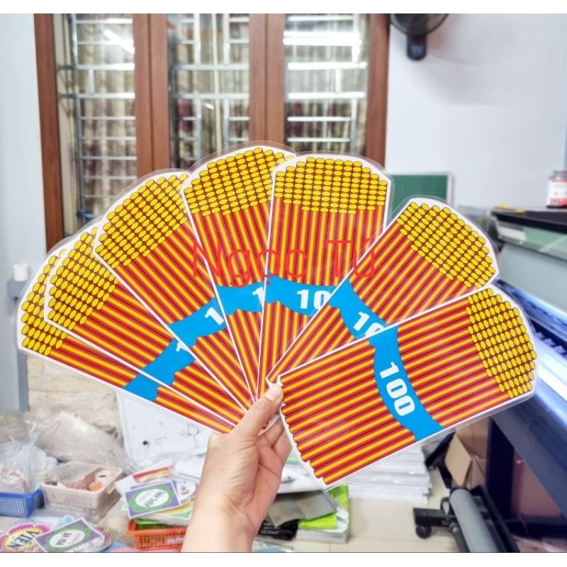 Sét 10 Thẻ Que tính Rời, Chục, Trăm In ép dày, sau có nam châm lá