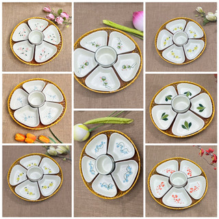 Bộ set đĩa 5 cánh hoa gốm bát tràng - set đĩa cánh hoa đào khay mây 32cm