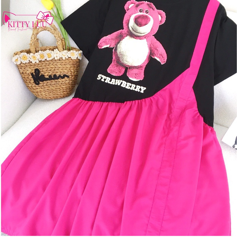 Váy V24 Babydoll From Rộng In Hình Gấu Hồng Phối Mầu Cách Điệu | BigBuy360 - bigbuy360.vn