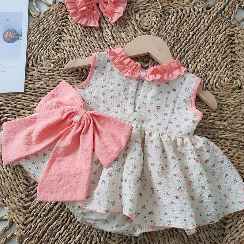 Set body váy bé gái cổ bèo kèm nơ MINTSCLOSET Mint's Closet váy hồng nơ lưng (tháo rời) bé sơ sinh 1 2 3 tuổi - BV7049