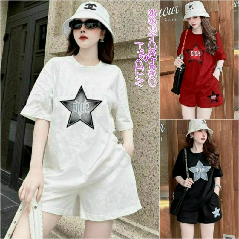 Set bộ nữ short thun cotton ống rộng, sét đồ quần áo ngắn thêu ngôi sao mặc nhà hay đi chơi đều đẹp - HTR