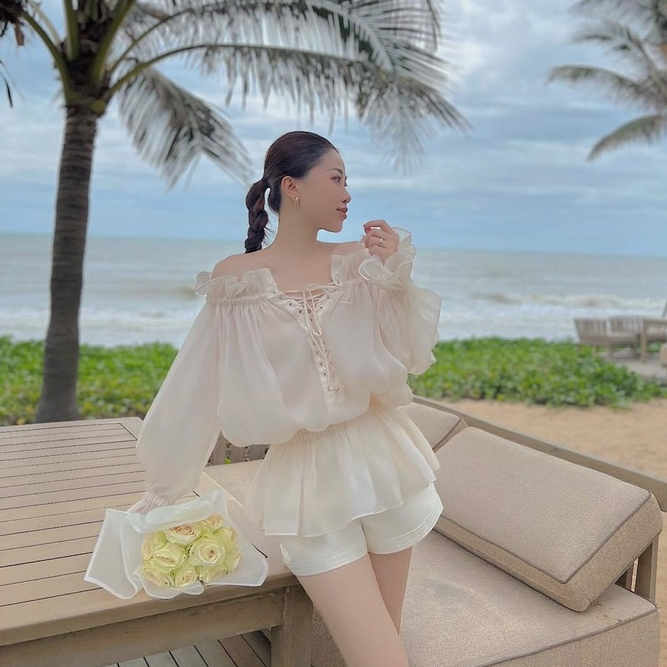 Set áo kiểu nữ tơ trễ vai phối quần short đùi sang chảnh đi chơi đi biển du lịch sang chảnh quyến rũ LEVAN tặng chun