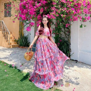 HOANGYEN Set đầm hoa dài, váy maxi tơ hoa áo trễ vai, chân váy phối bèo