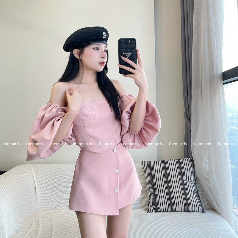 Set trễ vai tay phồng 3 cúc cv gava