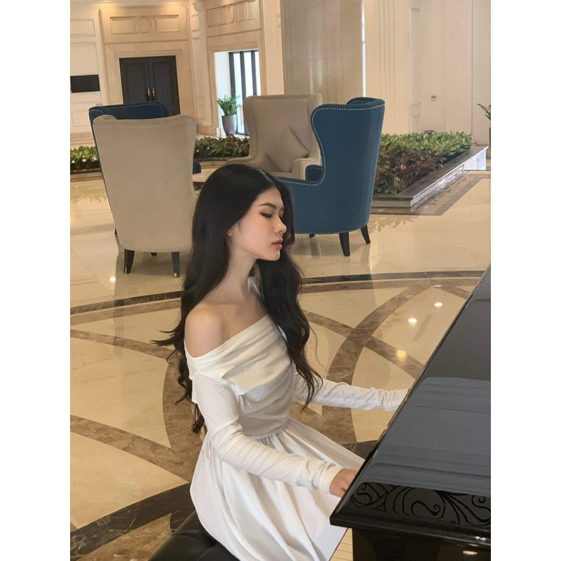 Váy Trễ Vai Dài Tay Nhún Ly Eo Eclipse Clothing