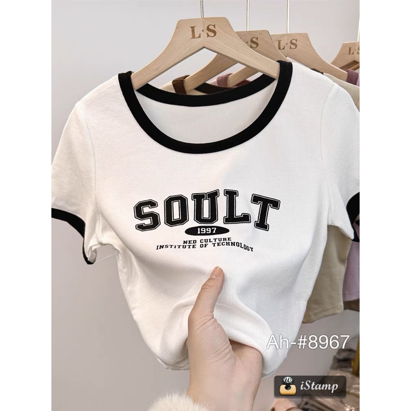[Ảnh thật/Video] Áo cộc tay croptop in chữ SOULT cổ viền