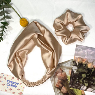 Set băng đô lụa + dây cột tóc lụa cùng màu