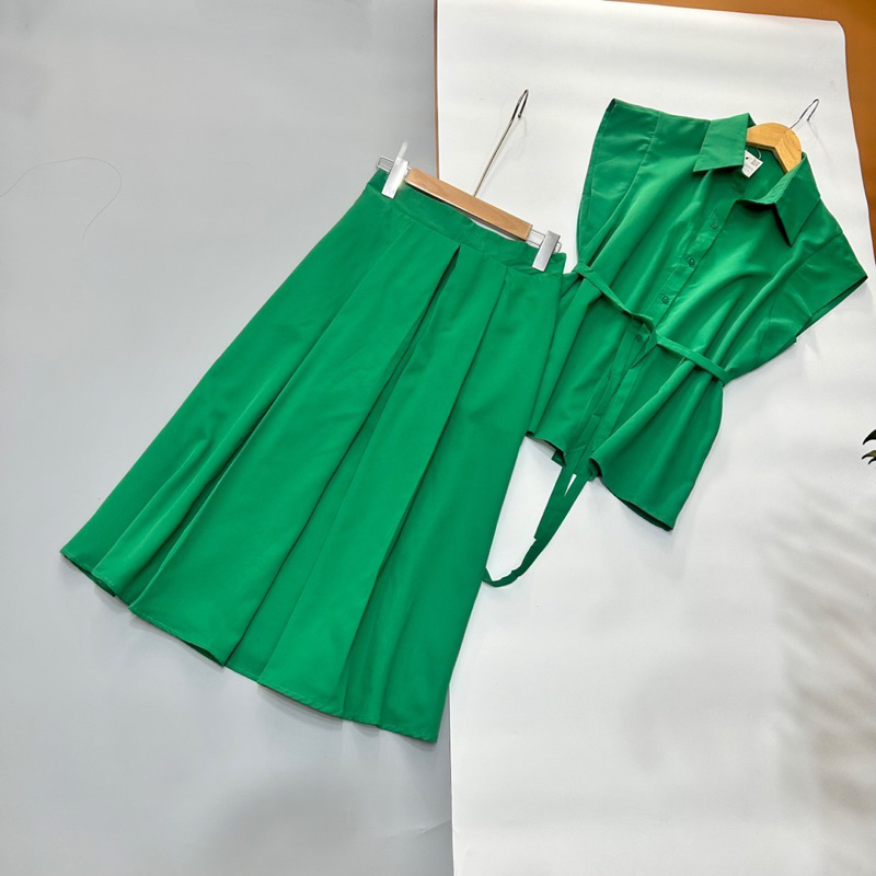 Sét áo+chân váy Zara midi màu xanh hottrend