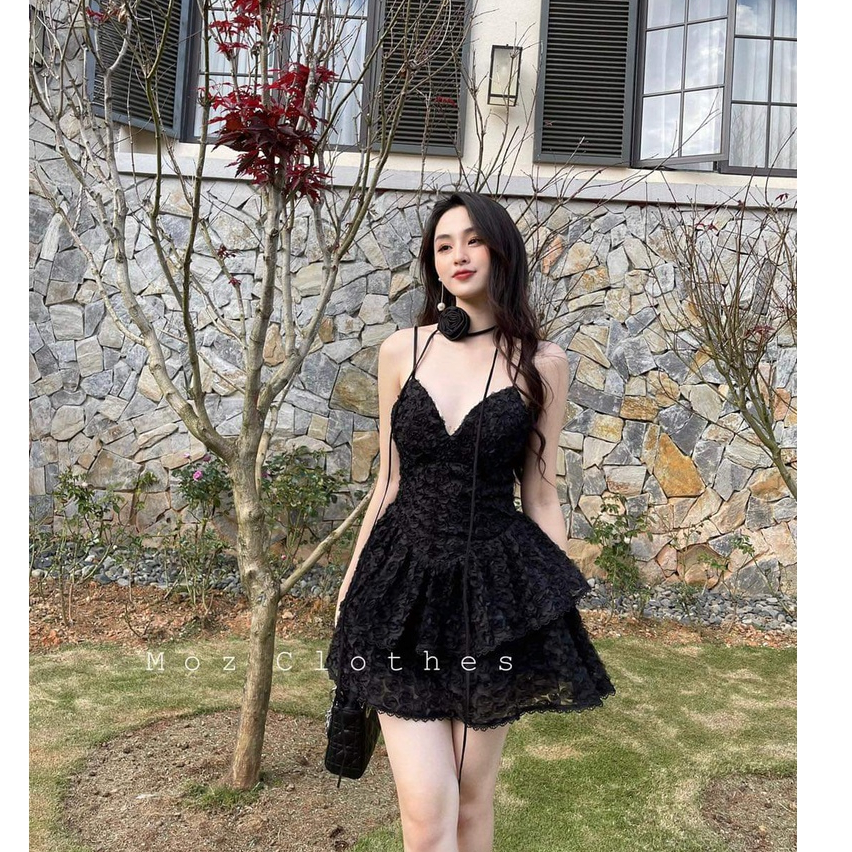 Đầm dự tiệc dây ren hoa xoè tầng kèm dây hoa - hàng thiết kế