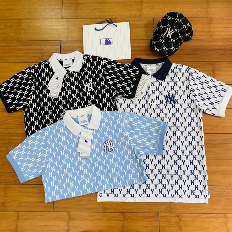 Áo Polo MLB Monogram Trắng Logo Xanh Navy Siêu Xịn