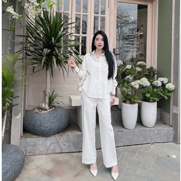 Set thời trang công sở áo sơ mi nữ dài tay phối quần suông ống đứng thanh lịch sang trọng cổ điển đi làm dạo phố LEVAN