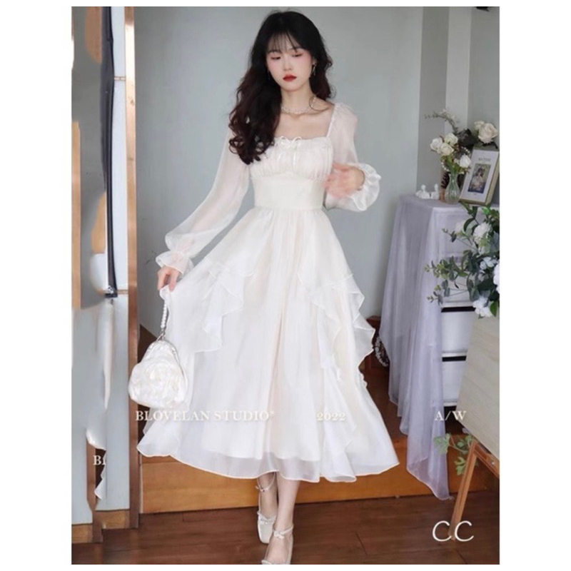 Váy Trắng Dài Tầng Viền Ngọc Tiểu Thư Đi Đám cưới , Đi chơi , Chụp Kỉ Yếu