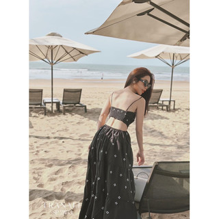 🎬 ĐẦM MAXI 2S ĐEN IN HOA CUTOUT LƯNG BỎ THUN 🎶