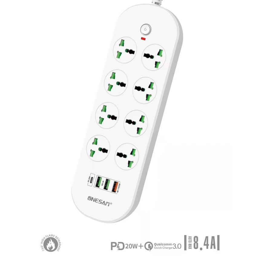 Ổ cắm điện đa năng Onesam T92 sạc nhanh PD 20w, Usb QC 3.0 chịu tải 3000w nhựa PC chống cháy nổ dây nối dài 2m